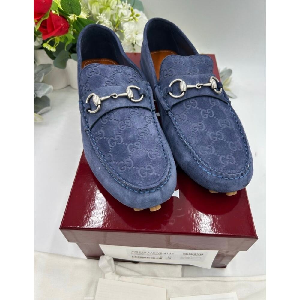 Men's Gucci blue suede GG embossed Driver loafer size 11 fits 11.5 made Italy